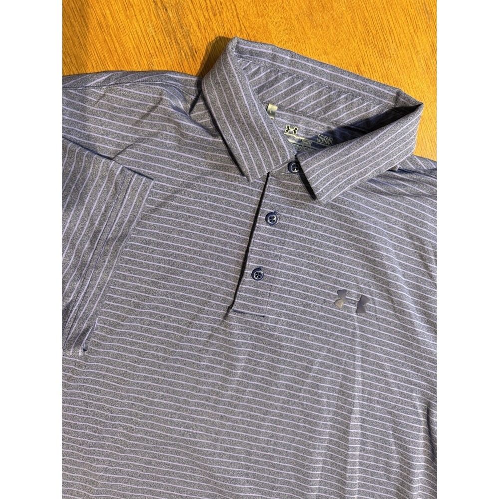 Under Armour HeatGear Polo Mens LG Blue Stripe Loose Fit Golf Shirt